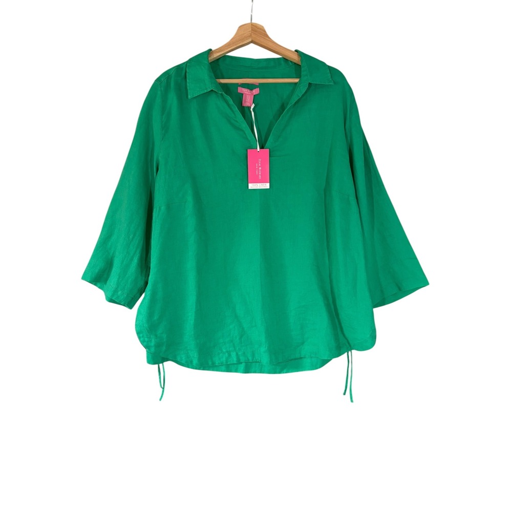 NWT Emerald Green 100% Linen Tunic Top 1X Isaac Mizrahi Coastal Casual Resort